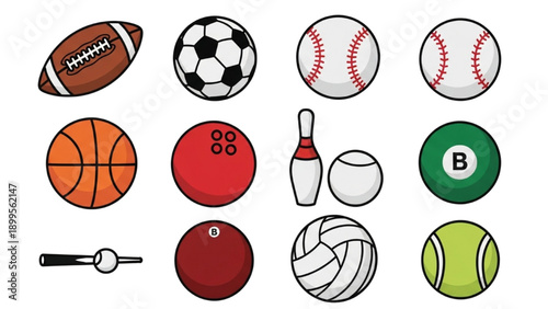 Collection of various sports equipment icons displayed on a clean background from a straightforward viewpoint