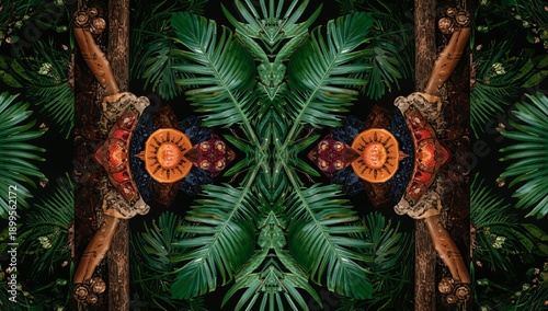 Colorful Fruits and Tropical Leaves Arranged in a Symmetrical Design on a Dar...