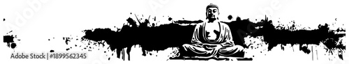 Meditating Buddha silhouette sitting on grunge ink splatter background