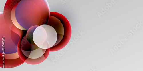 Abstract circles overlap, creating vibrant red hues against dark, light backgrounds. Smooth gradients define shapes.