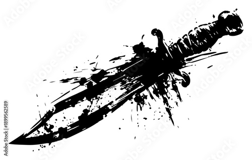 Black military dagger silhouette with aggressive grunge ink splatter effects