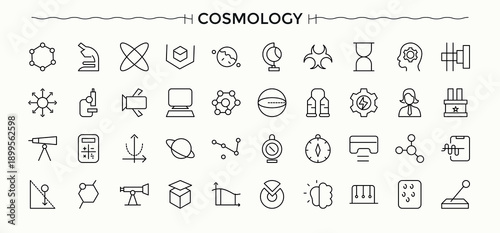Cosmology line icon set. Universe icon collection. Minimalist icons pack. Pictograms of cosmos, galaxy, planet, universe and more. Editable stroke. Vector illustration.