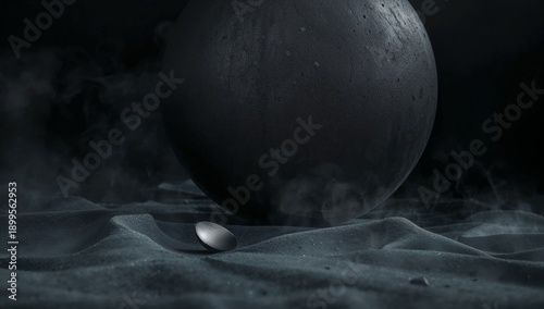 Dark Sphere and Small Disc on Textured Surface With Mist in a Low Light Setting