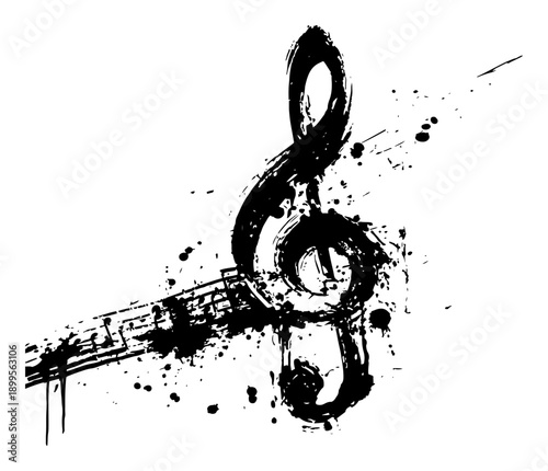 Artistic treble clef music symbol with grunge black ink splashes