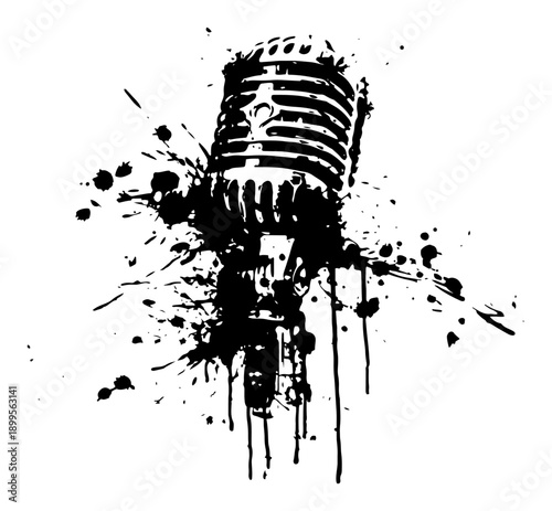 Vintage microphone illustration designed with expressive black ink splatter style