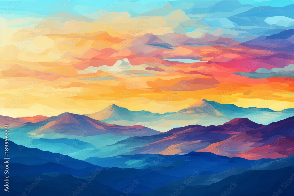 Obraz premium Abstract painting depicting mountain range at sunset with vivid colorful sky