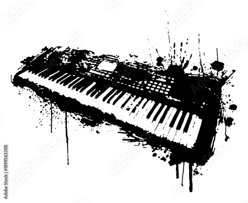 Grunge vector illustration of a musical synthesizer keyboard with artistic ink splatters