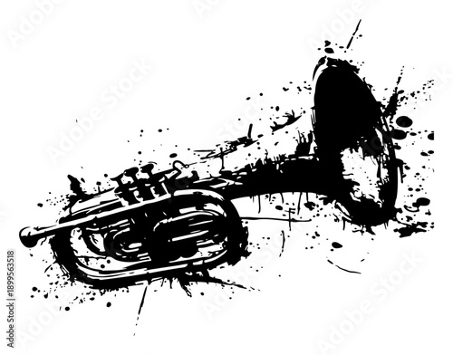 Black trumpet silhouette musical instrument with grunge ink splatter style