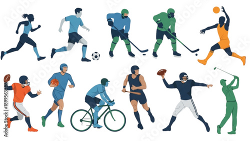 Various athletes in action participating in different sports like running, cycling, and playing baseball, soccer, hockey, and basketball in a dynamic illustration.