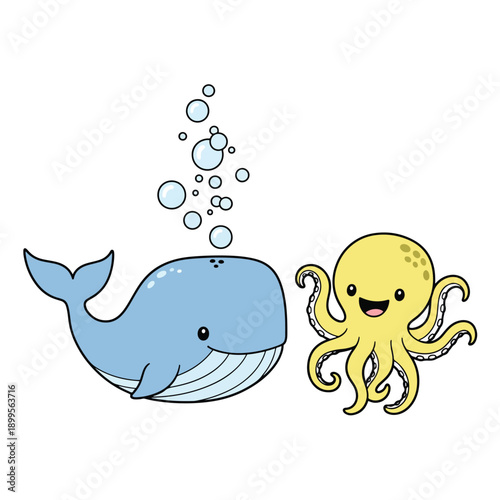 Cute cartoon blue whale spouting bubbles next to a happy yellow octopus on a white background.