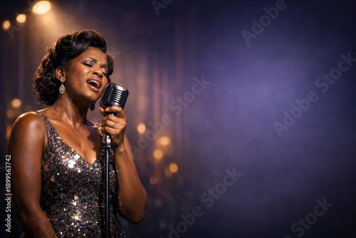 Female singer performing on stage with vintage microphone, wearing sparkling dress, emotional singing with dramatic lighting, copy space