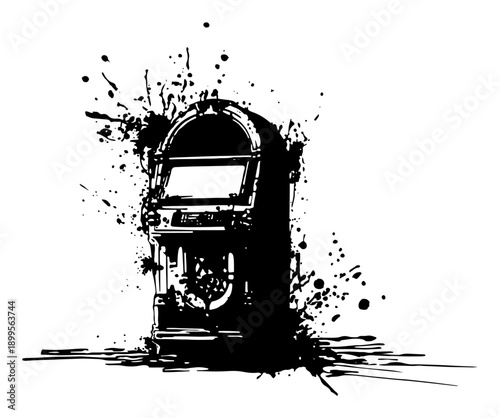 Vintage retro music jukebox machine with artistic ink splatter details