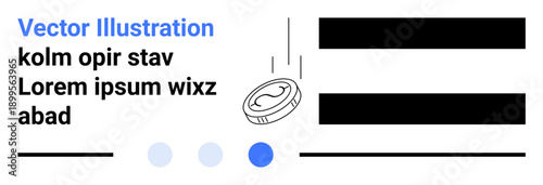 Coin dropping with motion lines, blocks of text, and abstract dots. Ideal for business, finance, minimal design, websites, apps, budgeting campaigns simple landing page