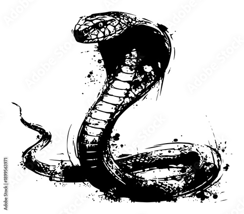 Aggressive cobra snake silhouette with grunge black ink splatter