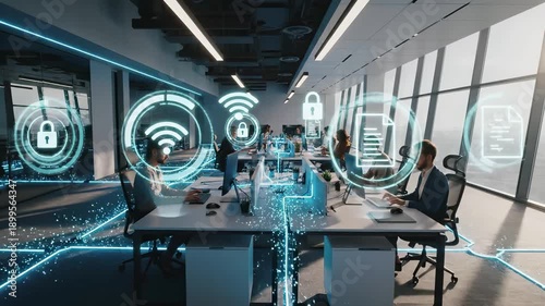 Wallpaper Mural Modern office with cybersecurity network overlay icons including wifi, locks, and documents. Business team working in secure digital environment with data protection, encryption technology, it Torontodigital.ca