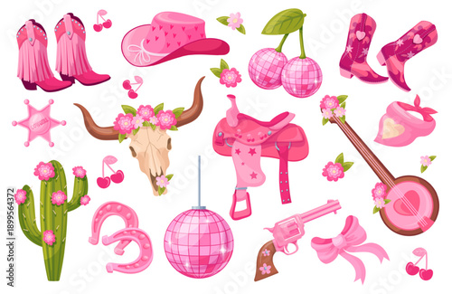 Cow girl set. Cowgirl disco ball, cherry bow hat boots sheriff badge texas preppy girly wild west rodeo party y2k cowboy gun cactus western accessories, neat vector illustration