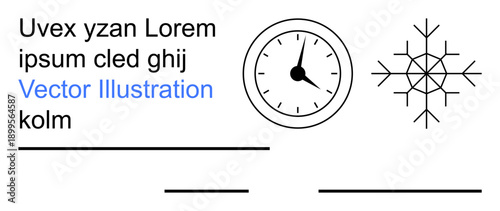 Design mockups, timekeeping, seasonal , layouts, educational materials, placeholders. Features a clock, a snowflake and placeholder text. Design mockups and timekeeping concepts
