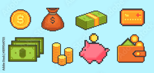 Money pixel art. Coins cash dollar bill 8 bit game ui icon, gold bag piggy bank credit card wallet retro videogame elements invest finance set, cartoon neat vector illustration