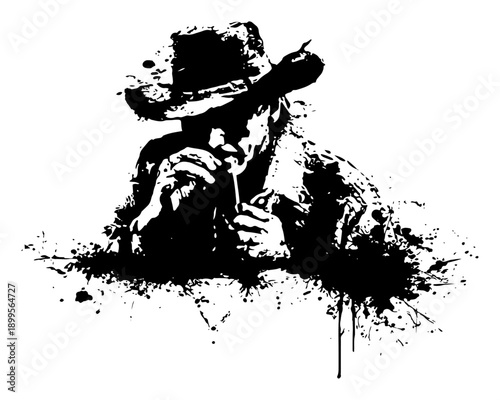 Cowboy silhouette wearing hat in artistic black ink grunge style