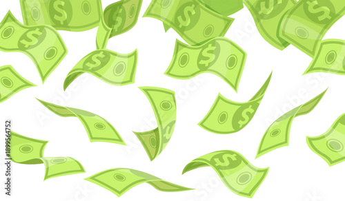 Falling dollars background. Cartoon dollar bill floating air, money explosion falling cash banknotes rain casino winner bonus green paper currency in sky, neat vector illustration