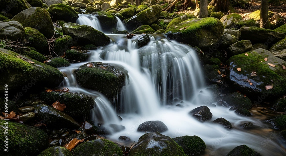 Fototapeta premium Serene cascade flowing gracefully over moss-covered rocks in a lush forest setting