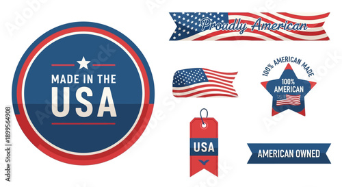 Collection of American themed graphic elements including badges and labels for products made in the USA