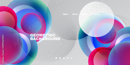 Abstract design features overlapping colorful circles. Gradient hues blend, creating dynamic visual effect. Minimalist text present.