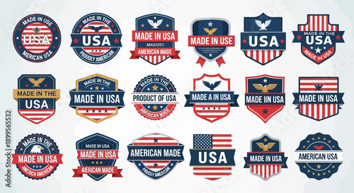 Collection of American made labels and stamps with patriotic designs and USA insignia