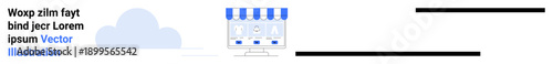 Ecommerce, online stores, digital marketplace, cloud computing, web design, technology services. A storefront on a computer screen next to a cloud image. Ecommerce and online stores concepts