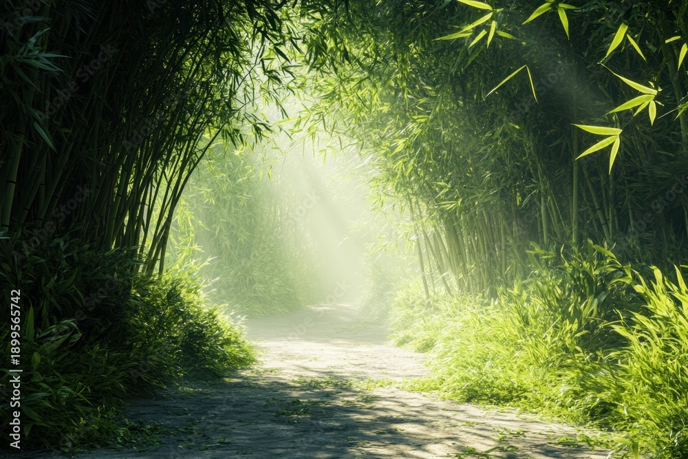 Fototapeta premium Bamboo forest pathway illuminated by soft sunlight in the early morning