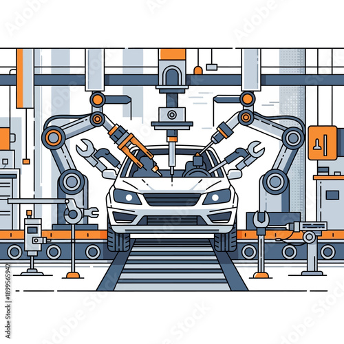 Robotic Arms Assembling Modern White Car.