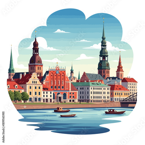 Illustration of European City Skyline with Towers.