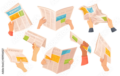 Newspapers in hands. Hand hold daily newspaper, read weekly journal paper media sport news morning press article publication page city information, cartoon neat vector illustration