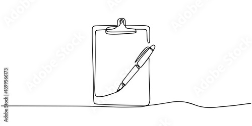 Continuous one line drawing of clipboard and pen design. clipboard with Good Marks with pass direction with tick mark. correction of error.. On white background.