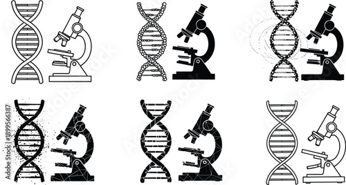 D N A helix and microscope in various styles science biology