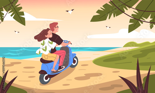 Couple moto trip. Man woman ride motorcycle, romantic travel to summer sea beach road seashore landscape love motorbike scooter riders together, cartoon classy vector illustration