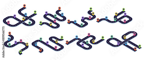 Isometric roadmap. Road route location timeline, winding curve journey path infographic car navigation map steps highway transport travel way, cartoon kicky vector illustration