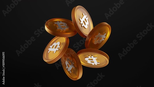 3D bitcoin crypto coin loop animation. Gold transparent CGI coins spinning, black background. Futuristic digital currency blockchain finance concept seamless rotating tokens 4K render, digital economy