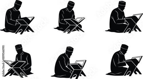 Muslim man in prayer cap reading holy book on stand black silhouette Quran Islamic