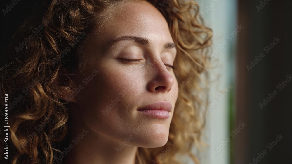 Naklejka premium Close-up portrait of a young woman with curly blonde hair. she is looking out of a window with her eyes closed and her head tilted slightly to the side. her expression is peaceful and serene.