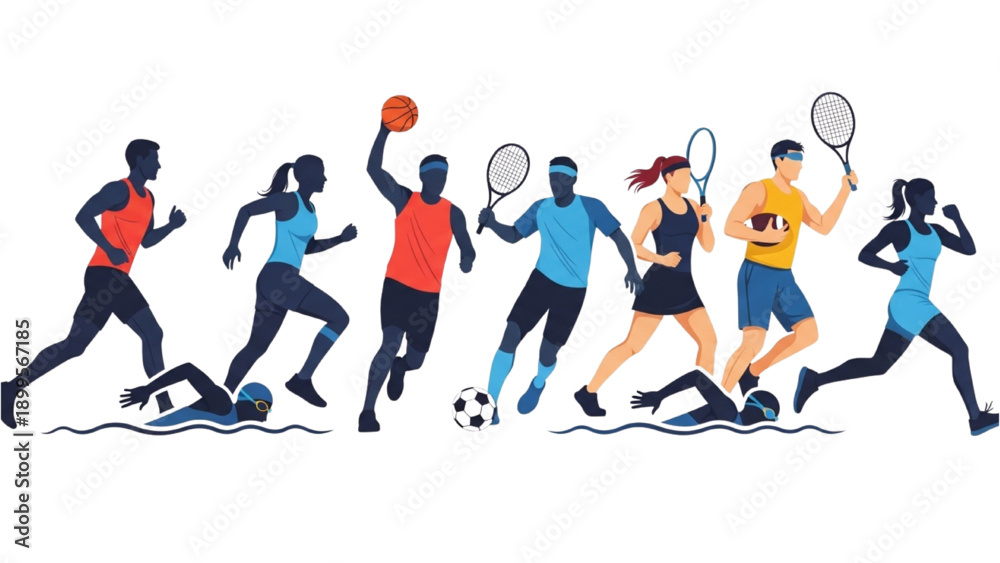 Fototapeta premium Dynamic athletes in motion, showcasing various sports activities and fitness levels in a vibrant illustration