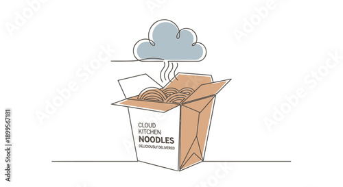 Cloud kitchen noodles takeout box with steaming hot noodles and cloud