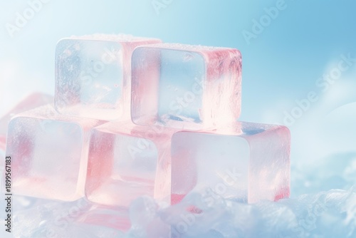 Transparent pink ice cubes resting on a bed of frosty snow creating a chilling, refreshing backdrop