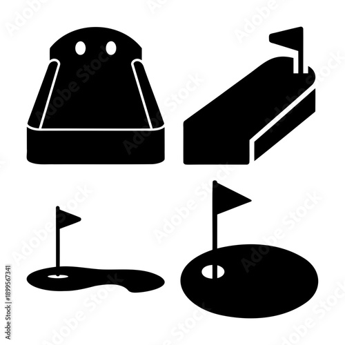 Mini golf course elements and putting green with flag icons for sports game design