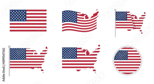 Collection of American flags waving and in various shapes on a map of the United States