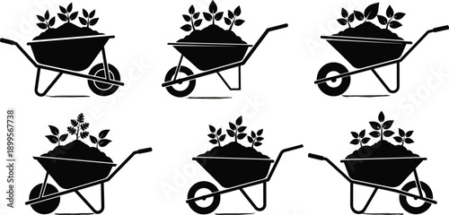 Six black silhouette wheelbarrows filled with soil and plants garden gardening seedling