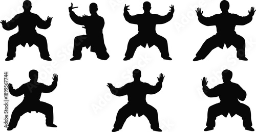 Six black silhouettes of martial artists in various poses martial arts kung fu karate