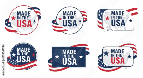 Collection of patriotic Made in USA labels with red, white, and blue design elements and stars