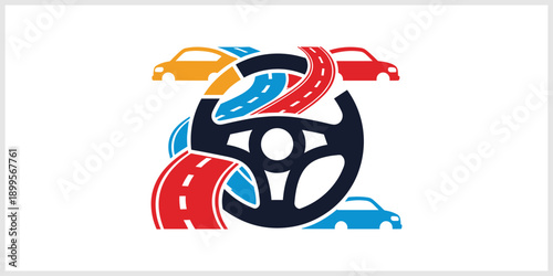 Steering Wheel with Roads and Cars - Driving Concept.