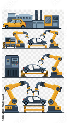Robotic Arms Assembling Cars in Factory.